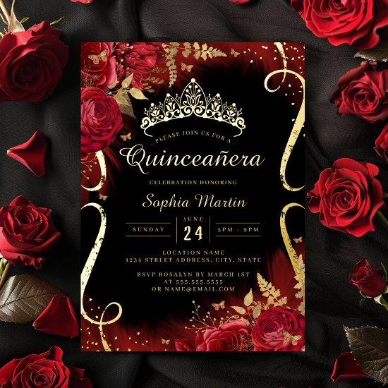 Red Gold Black Floral Scroll Quinceanera  Foil