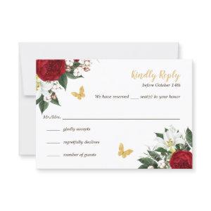 Red Gold Butterflies Quinceañera RSVP Card