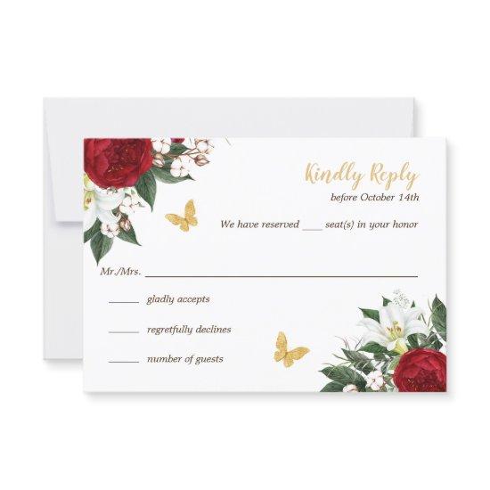 Red Gold Butterflies Quinceañera RSVP Card