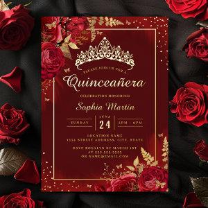 Red Gold Butterfly Floral Quinceanera  Foil