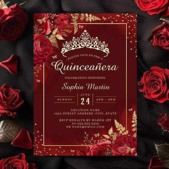 Red Gold Butterfly Floral Quinceanera  Foil