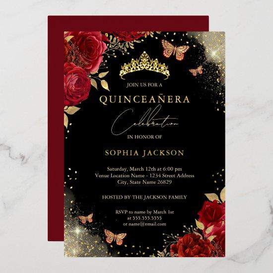 Red Gold Butterfly Rose Tiara Quinceanera  Foil