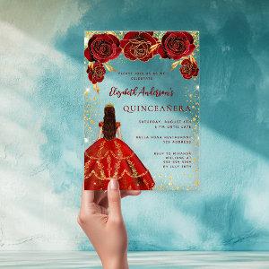 Red gold dress florals roses clear Quinceanera Acrylic