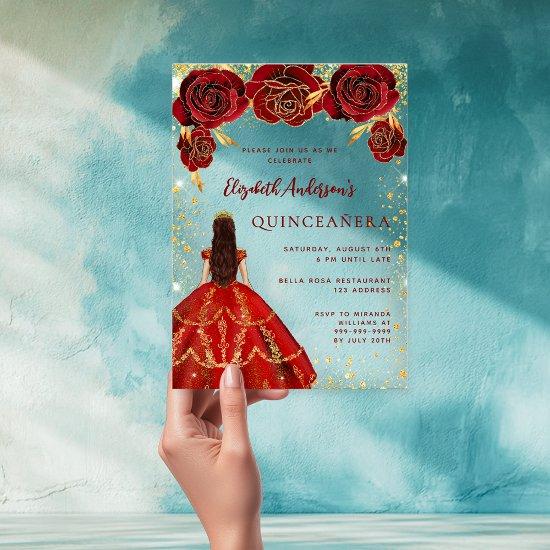 Red gold dress florals roses clear Quinceanera Acrylic