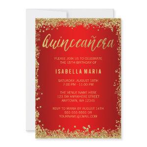 Red Gold Faux Glitter Quinceanera 15th Birthday