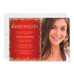 Red Gold Faux Glitter Quinceanera 15th Photo