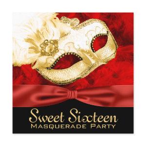 Red Gold Feather Sweet 16 Masquerade Party