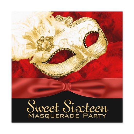 Red Gold Feather Sweet 16 Masquerade Party