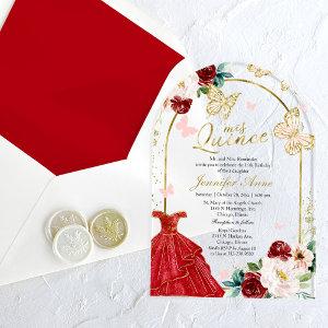 Red Gold Floral Butterfly Quinceañera  Acrylic