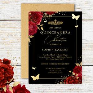 Red Gold Floral Butterfly Tiara Quinceanera Foil