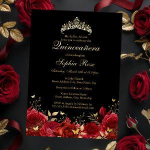 Red Gold Floral Butterfly Tiara Quinceanera Foil