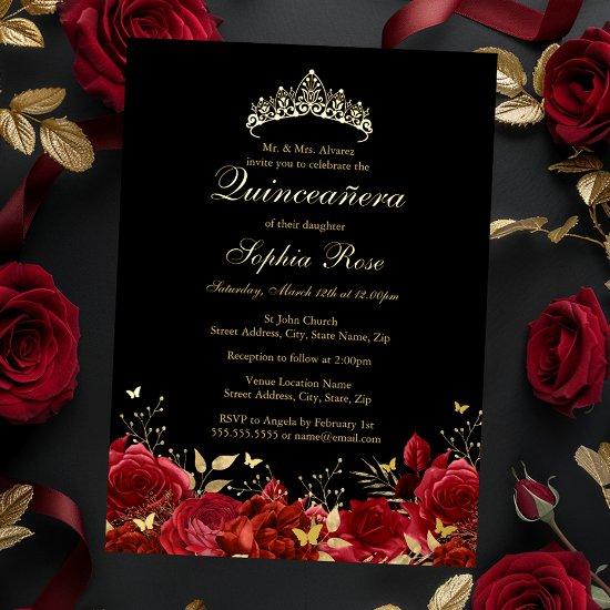 Red Gold Floral Butterfly Tiara Quinceanera Foil