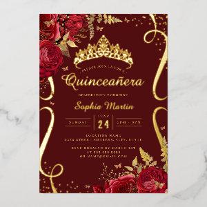 Red Gold Floral Elegant Scroll Quinceanera  Foil