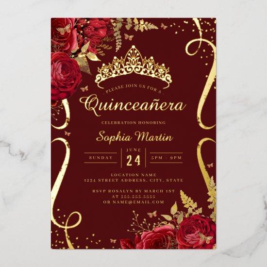 Red Gold Floral Elegant Scroll Quinceanera  Foil