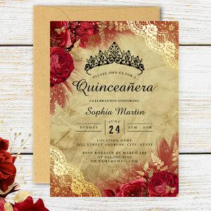 Red Gold Floral Lace Quinceanera  Foil