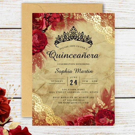 Red Gold Floral Lace Quinceanera  Foil