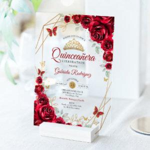 Red Gold Floral Quinceanera Acrylic