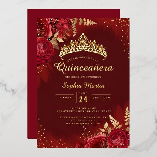 Red Gold Floral Quinceanera  Foil