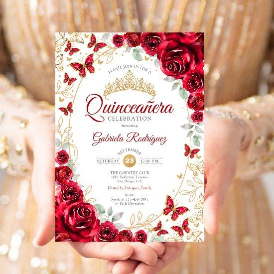 Red Gold Floral Quinceanera