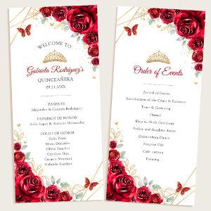 Red Gold Floral Quinceanera Order of Events Program