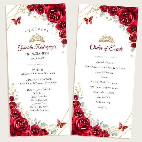 Red Gold Floral Quinceanera Order of Events Program