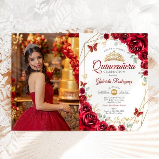 Red Gold Floral Quinceanera Photo