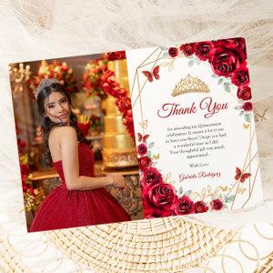Red Gold Floral Quinceanera Photo Thank You Card
