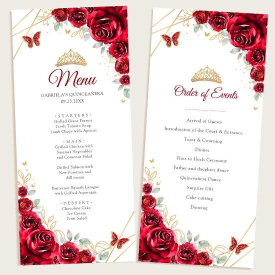 Red Gold Floral Quinceanera Program Menu