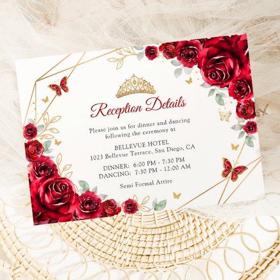 Red Gold Floral Quinceanera Reception Details Enclosure Card