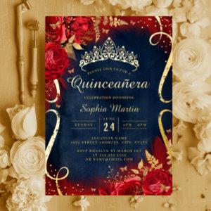 Red Gold Floral Scroll Navy Quinceanera  Foil