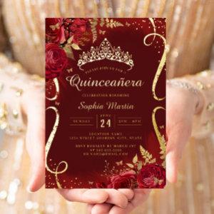Red Gold Floral Scroll Quinceanera  Foil