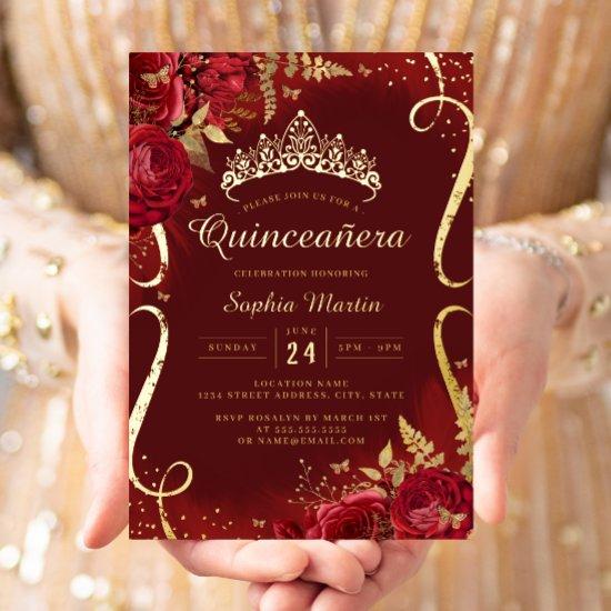 Red Gold Floral Scroll Quinceanera  Foil
