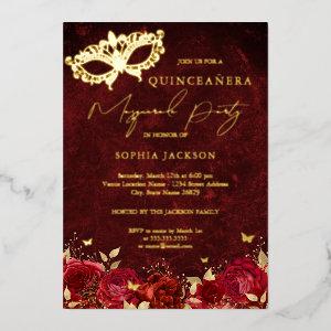 Red Gold Mask Masquerade Party Rose Quinceanera  Foil