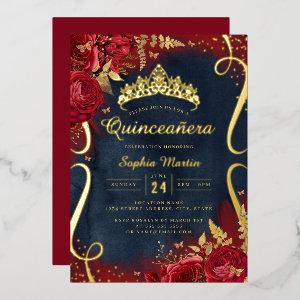Red Gold Navy Floral Scroll Quinceanera  Foil