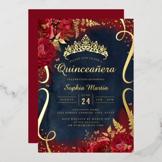 Red Gold Navy Floral Scroll Quinceanera  Foil