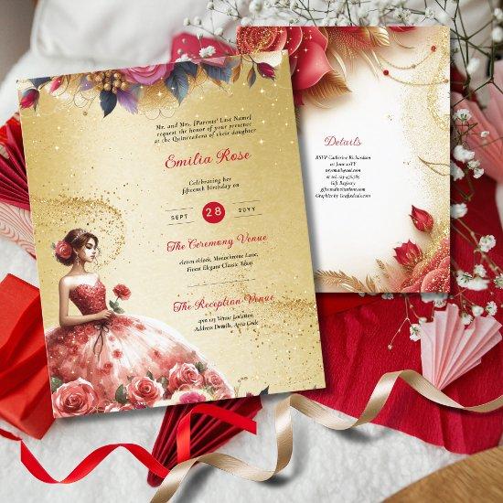 Red Gold Quinceanera Dress Ceremony Reception