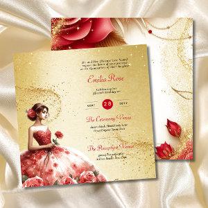 Red Gold Quinceanera Dress Ceremony Reception