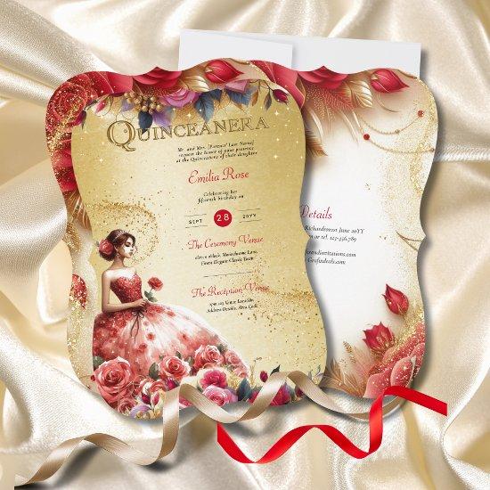 Red Gold Quinceanera Dress Ceremony Reception