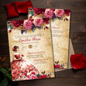 Red Gold Quinceanera Dress Vintage Parchment Theme