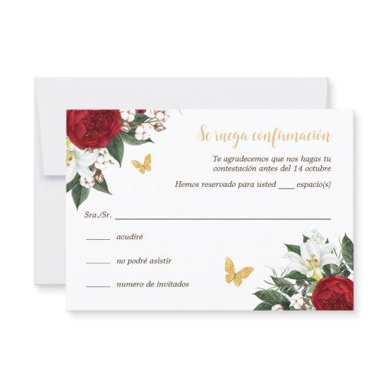Red Gold Quinceañera RSVP Card in Spanish