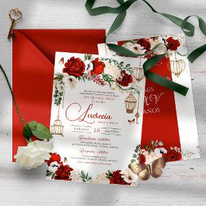 Red Gold Rose Butterfly Floral Elegant Quinceañera