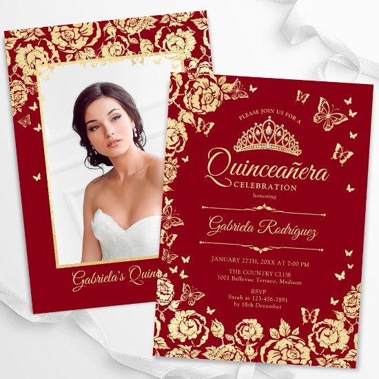 Red Gold Roses Butterflies Quinceanera Photo