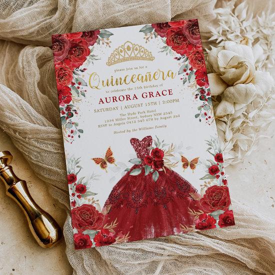 Red Gold Roses Princess Quinceañera Mis Quince