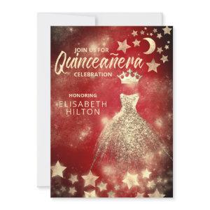 Red Gold Sequins dress moon stars Quinceañera