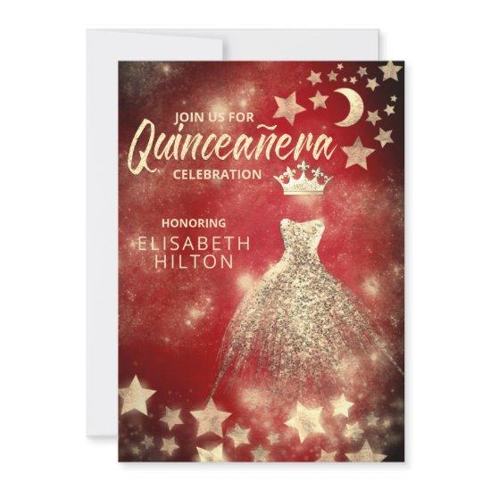 Red Gold Sequins dress moon stars Quinceañera