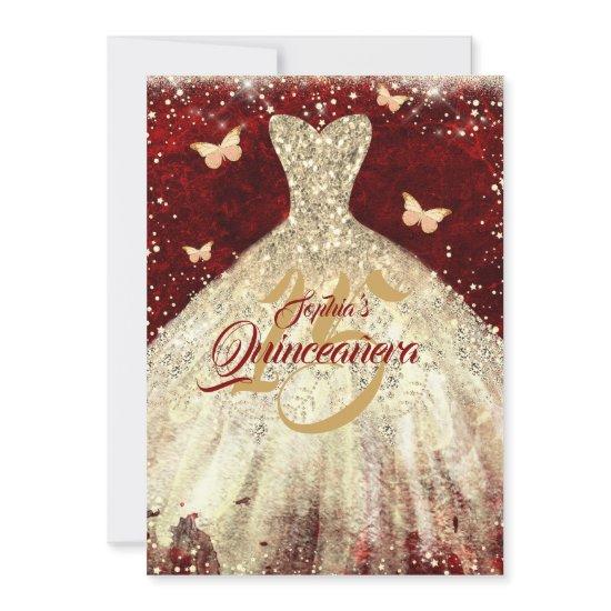 Red Gold Sparkle Butterfly Dress Quinceanera