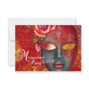 Red & Gold Sparkle Mask Masquerade Party RSVP