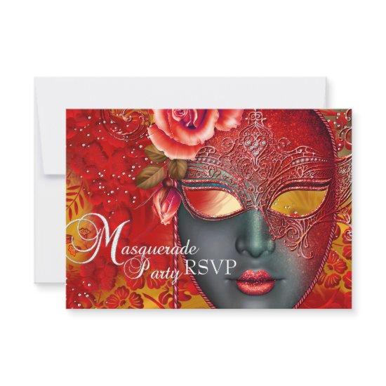 Red & Gold Sparkle Mask Masquerade Party RSVP