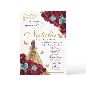 Red Gold Teal Floral Quinceanera Birthday