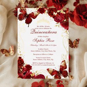 Red Gold Vintage Butterfly Floral Quinceanera  Foil